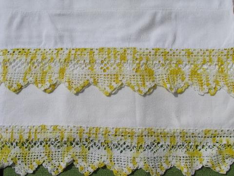 photo of vintage cotton bed linens, pillowcases & sheets w/colored crochet lace #10
