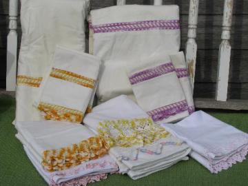 catalog photo of vintage cotton bed linens, pillowcases & sheets w/colored crochet lace