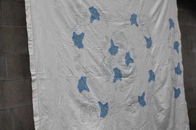 photo of vintage cotton bedspread or quilt top morning glory applique & french knots embroidery #1