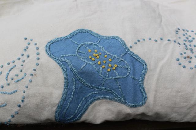 photo of vintage cotton bedspread or quilt top morning glory applique & french knots embroidery #2