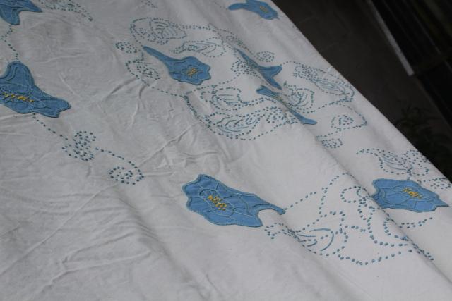 photo of vintage cotton bedspread or quilt top morning glory applique & french knots embroidery #3