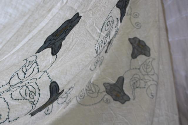 photo of vintage cotton bedspread or quilt top morning glory applique & french knots embroidery #9