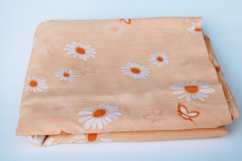 photo of vintage cotton blend fabric w/ flocked flowers, big daisies on sherbet orange #1