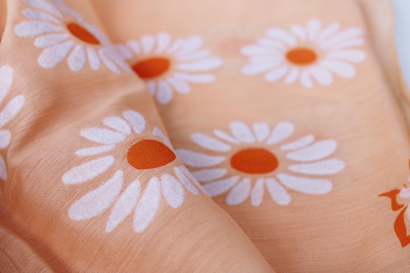 photo of vintage cotton blend fabric w/ flocked flowers, big daisies on sherbet orange #5