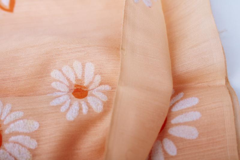 photo of vintage cotton blend fabric w/ flocked flowers, big daisies on sherbet orange #6
