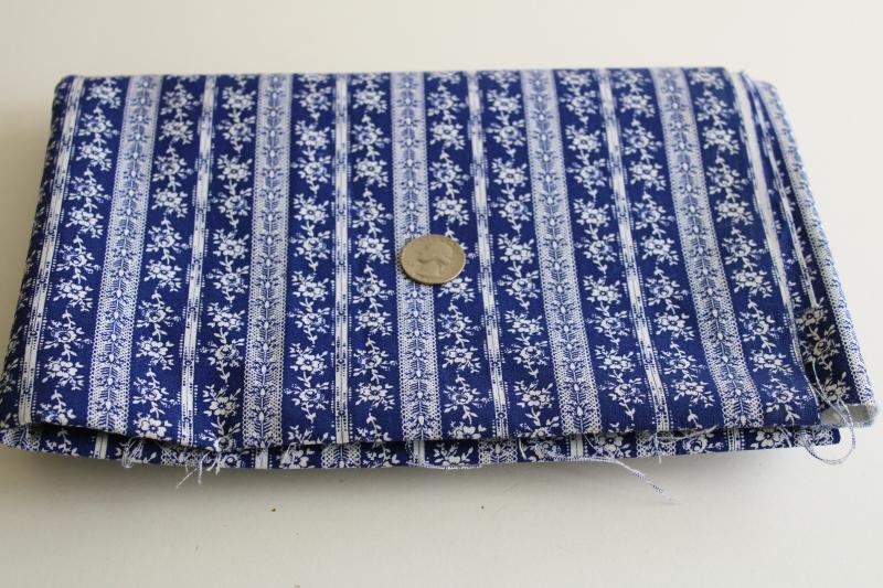 photo of vintage cotton broadcloth fabric, royal blue w/ white floral stripe print #1