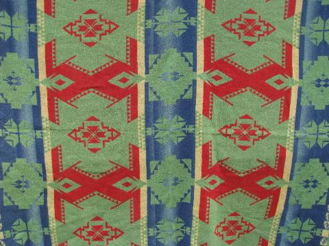 photo of vintage cotton camp blanket, Indian jacquard, green, blue, red #1