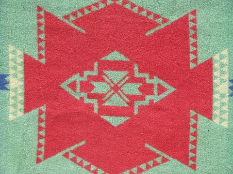 photo of vintage cotton camp blanket, Indian jacquard, green, blue, red #3