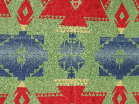 photo of vintage cotton camp blanket, Indian jacquard, green, blue, red #4