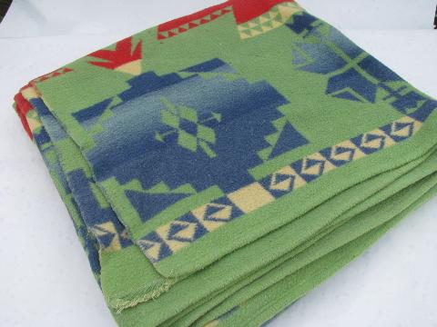 photo of vintage cotton camp blanket, Indian jacquard, green, blue, red #5