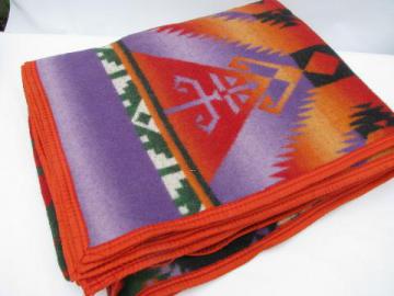 catalog photo of vintage cotton camp blanket, Indian jacquard, purple w/ colors