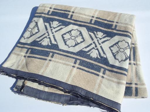 photo of vintage cotton camp blanket, blue w/ brown & tan checks, border pattern #1