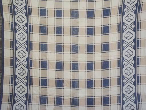 photo of vintage cotton camp blanket, blue w/ brown & tan checks, border pattern #2