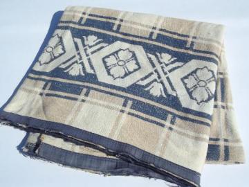 catalog photo of vintage cotton camp blanket, blue w/ brown & tan checks, border pattern