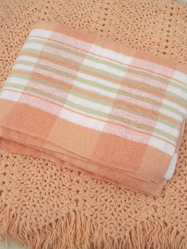 photo of vintage cotton camp blanket & crochet throw in sherbet plaid & orange #1