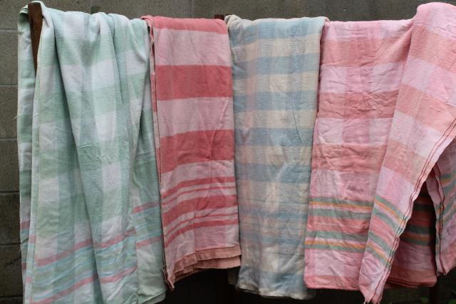 photo of vintage cotton camp blankets and fold over flannel sheet blankets, retro candy stripe colors #1