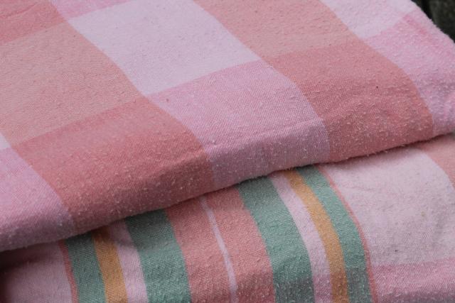 photo of vintage cotton camp blankets and fold over flannel sheet blankets, retro candy stripe colors #4