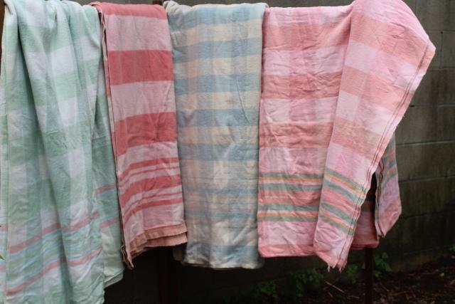 photo of vintage cotton camp blankets and fold over flannel sheet blankets, retro candy stripe colors #9