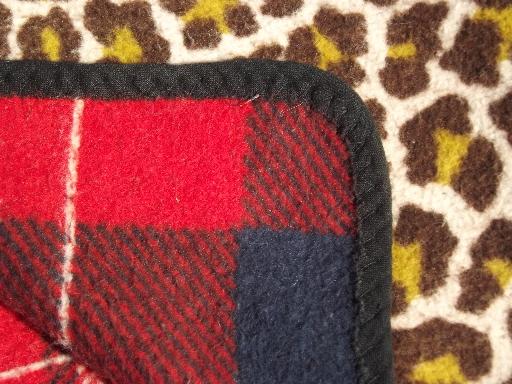 photo of vintage cotton camp / stadium blanket, red plaid reversible to leopard #4