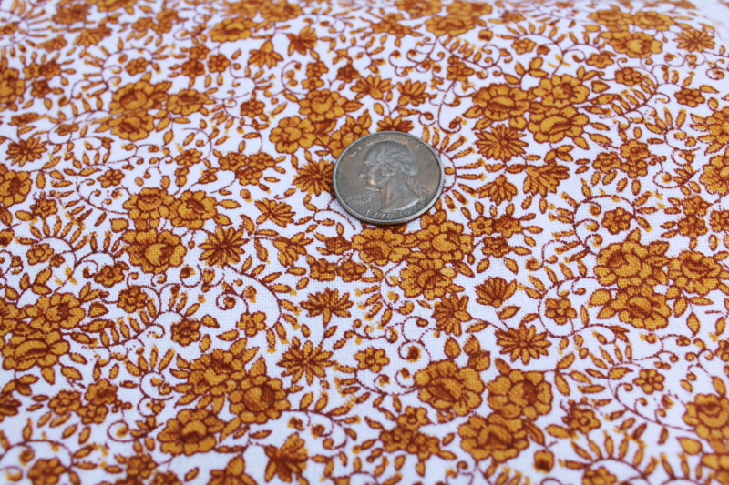 photo of vintage cotton canvas fabric, autumn russet yellow gold on white floral print #1