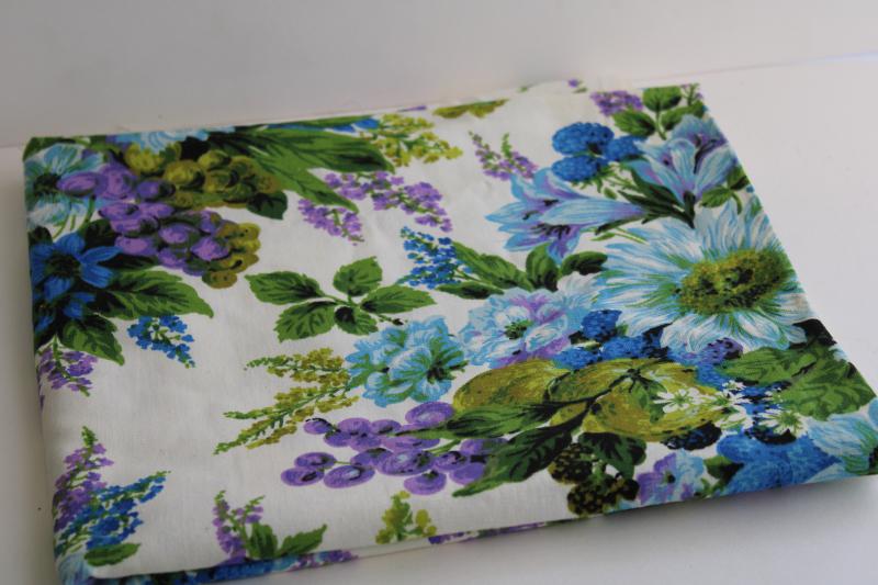 photo of vintage cotton canvas fabric, floral print lavender purple, aqua & blue, avocado green #1