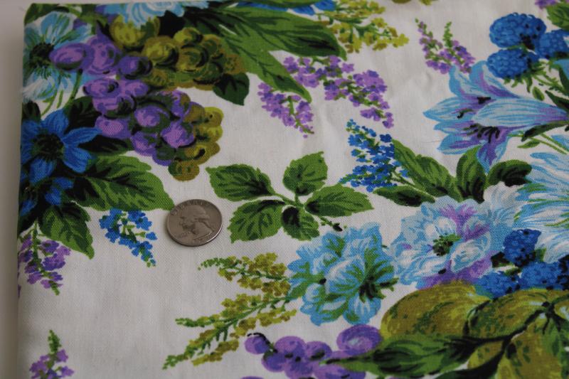 photo of vintage cotton canvas fabric, floral print lavender purple, aqua & blue, avocado green #2