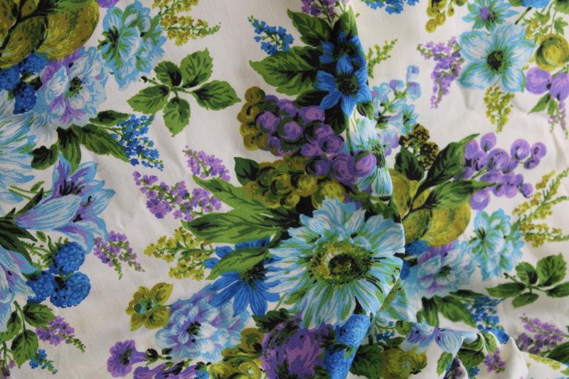 photo of vintage cotton canvas fabric, floral print lavender purple, aqua & blue, avocado green #4