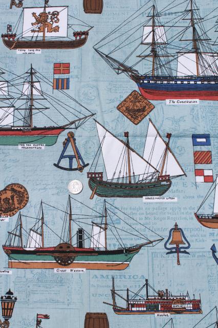 photo of vintage cotton canvas fabric w/ nautical seafaring tall ships sailing print #1