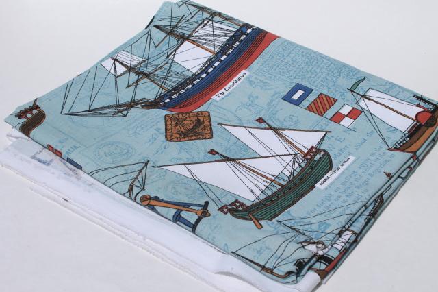 photo of vintage cotton canvas fabric w/ nautical seafaring tall ships sailing print #2