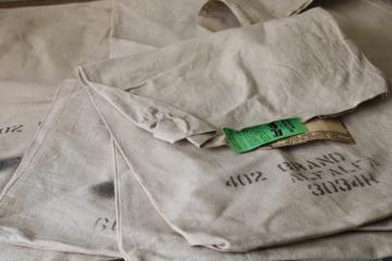 catalog photo of vintage cotton canvas grain bags, Alfalfa seed sacks w/ old paper tags 1970s