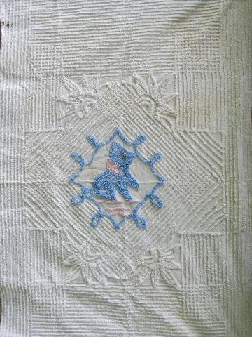 photo of vintage cotton chenille baby bedspread, crib cover w/ pink and blue puppy #1