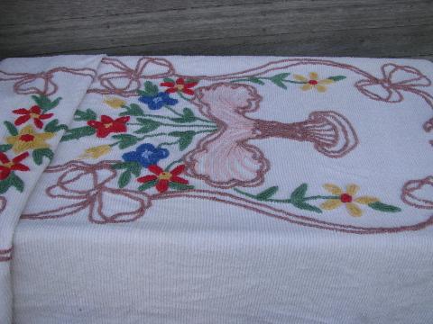 photo of vintage cotton chenille bedspread, bright flower basket bed cover #1
