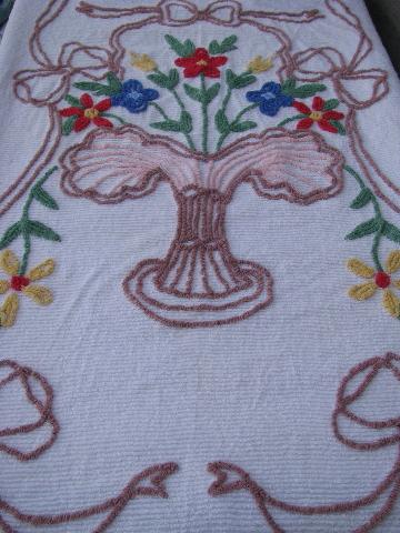 photo of vintage cotton chenille bedspread, bright flower basket bed cover #2