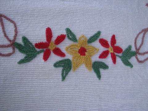 photo of vintage cotton chenille bedspread, bright flower basket bed cover #4