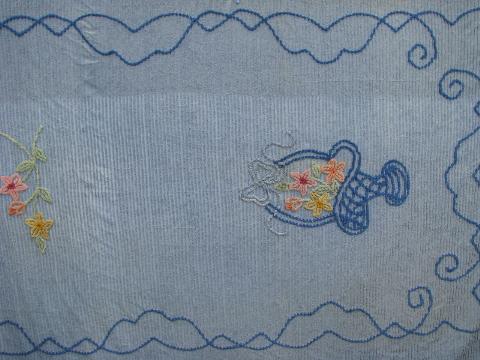 photo of vintage cotton chenille bedspread, flower basket on blue #1