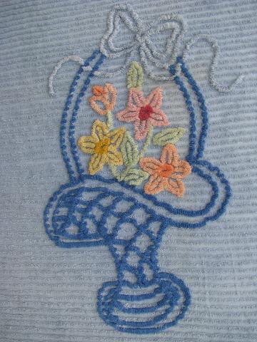 photo of vintage cotton chenille bedspread, flower basket on blue #2