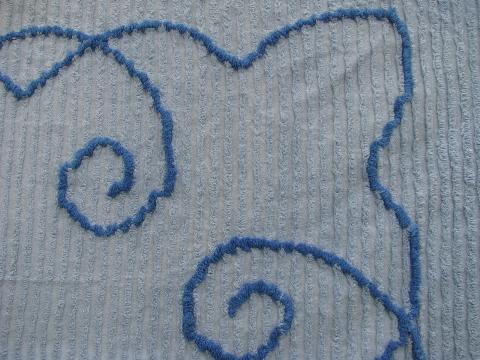 photo of vintage cotton chenille bedspread, flower basket on blue #3