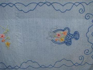 catalog photo of vintage cotton chenille bedspread, flower basket on blue