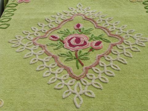 photo of vintage cotton chenille bedspread, lime green w/ pink & yellow roses #3