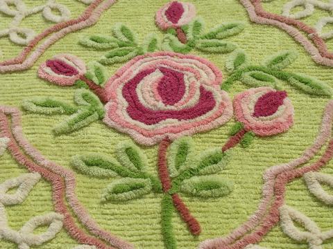 photo of vintage cotton chenille bedspread, lime green w/ pink & yellow roses #4