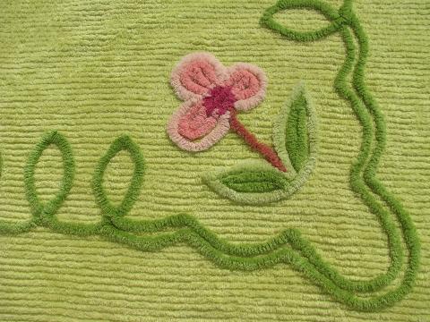 photo of vintage cotton chenille bedspread, lime green w/ pink & yellow roses #5