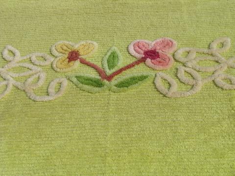 photo of vintage cotton chenille bedspread, lime green w/ pink & yellow roses #6