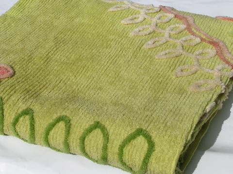 photo of vintage cotton chenille bedspread, lime green w/ pink & yellow roses #7