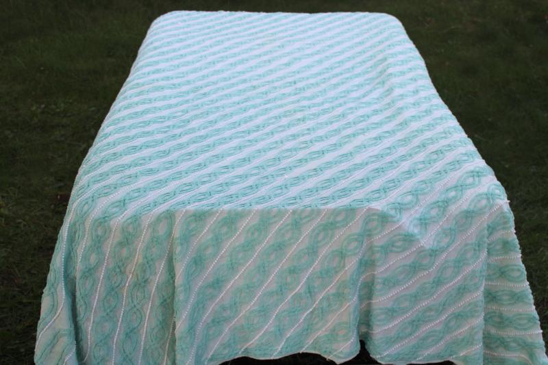 photo of vintage cotton chenille bedspread, mint green w/ white bias striped twin size spread  #1