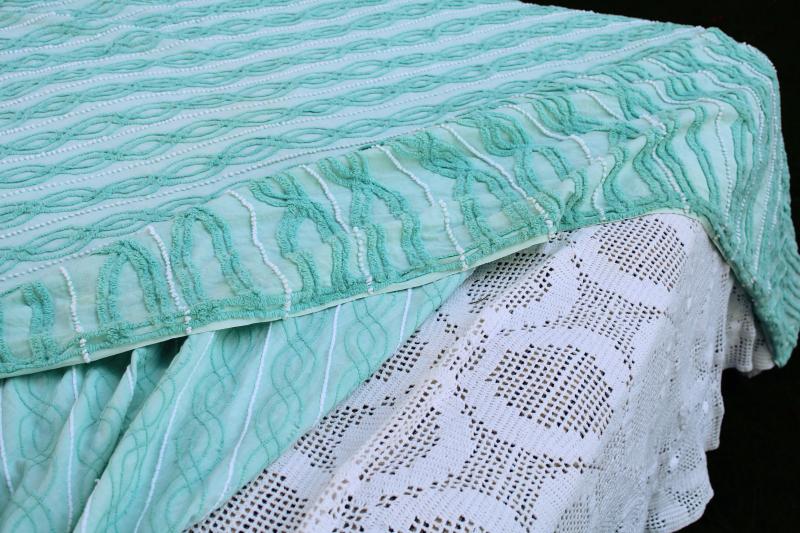 photo of vintage cotton chenille bedspread, mint green w/ white bias striped twin size spread  #2