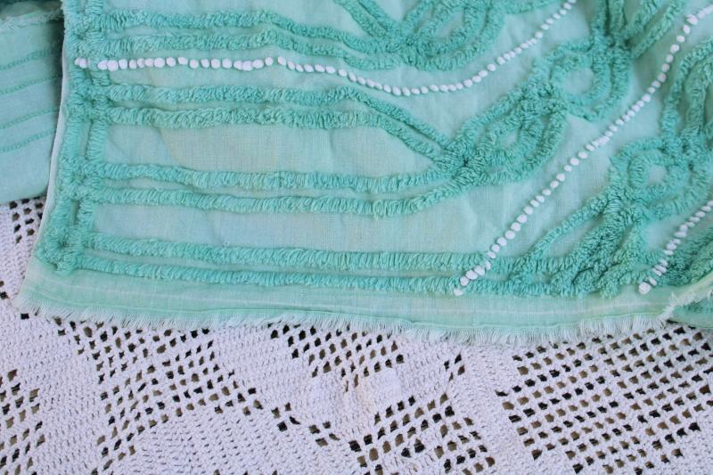 photo of vintage cotton chenille bedspread, mint green w/ white bias striped twin size spread  #3