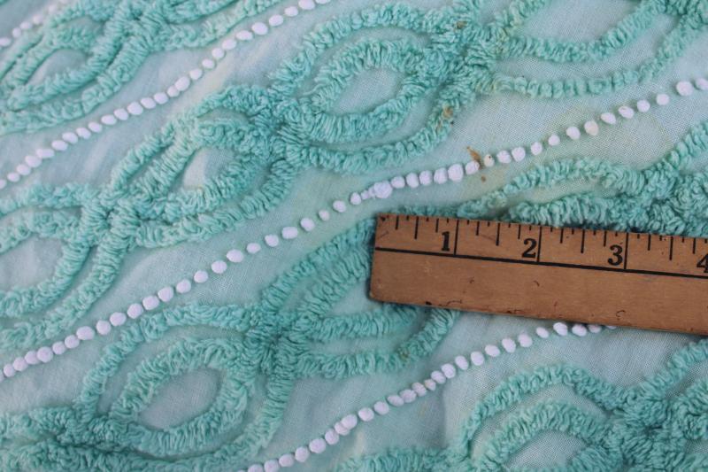 photo of vintage cotton chenille bedspread, mint green w/ white bias striped twin size spread  #4