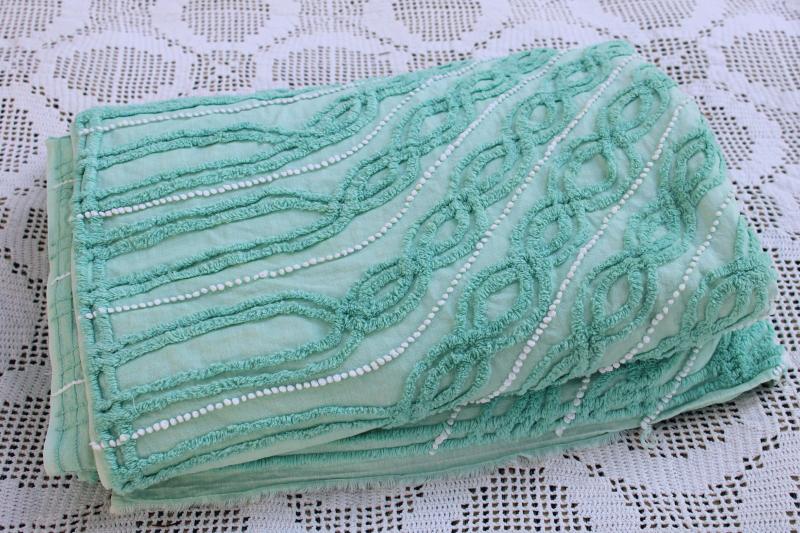 photo of vintage cotton chenille bedspread, mint green w/ white bias striped twin size spread  #5