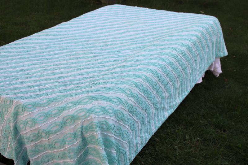 photo of vintage cotton chenille bedspread, mint green w/ white bias striped twin size spread  #6