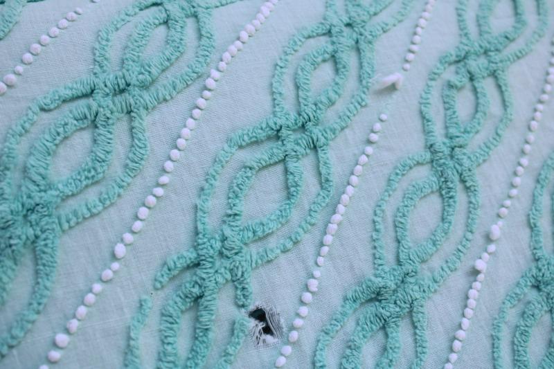 photo of vintage cotton chenille bedspread, mint green w/ white bias striped twin size spread  #9